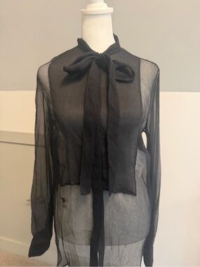 Christian Dior Black Silk Sheer Ascot Bow Blouse Top Size FR 36 US 4